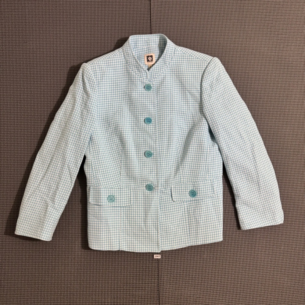 Anne Klein Womens Light Blue Houndstooth Mandarin Collar Blazer Size 6